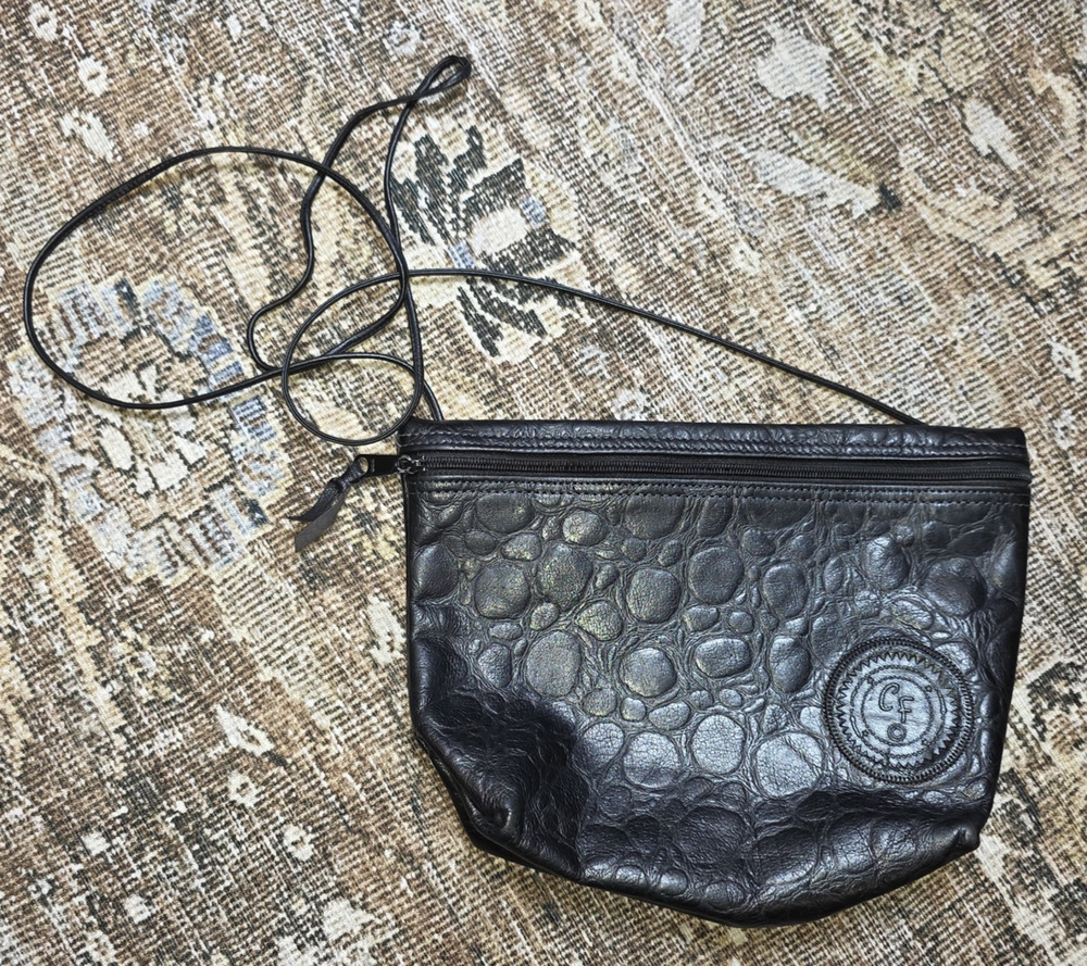 Carlos Falchi VTG 80s Black Leather Reptile Textured Crossbody Purse Bag